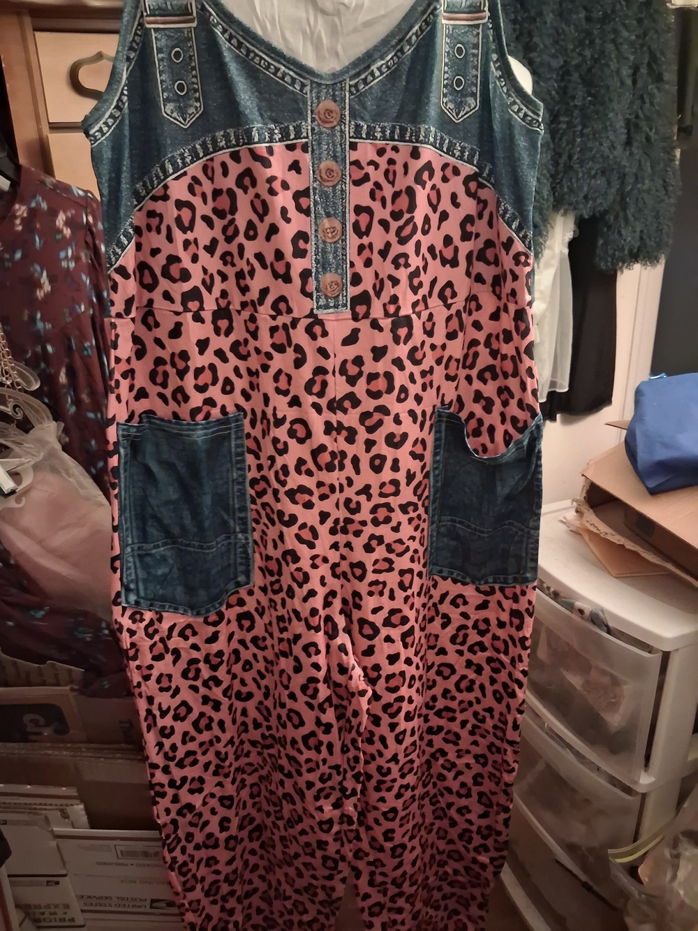 New,3d Imitation Denim Knit Spliced Pink Leopard Print Faux Buttons Jumpsuit Med